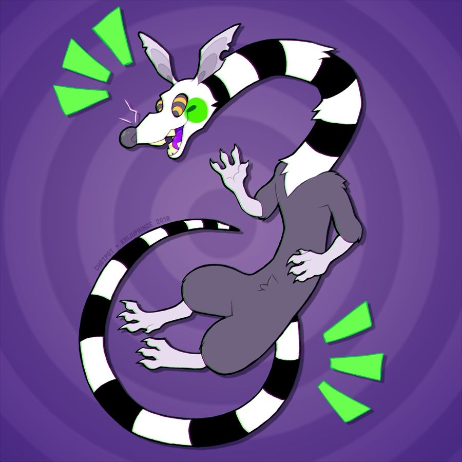A full body illustration of a black and white rat monster with a long, black and white striped looping neck, green cheeks, orange & black eyes, and a long black and white striped tail. He is waving to the viewer.