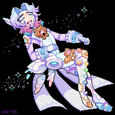 Pixel art of a robot (or cyborg) person, with a purple, white, and rainbow heart-and-star motif. They have a displeased and slightly sad expression on their face. The background is transparent.