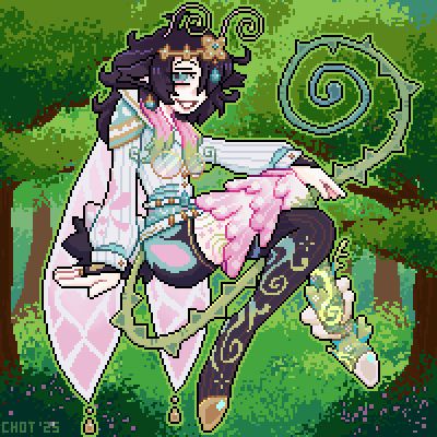 Pixel art of a fairy character with pink wings and black hair, reclining back on their right hand, crossing one leg over the other. They have green and pink spiral antennae, and a long vine-like tail. They are dressed in a white, long sleeved button up shirt with many accessories and black shorts. They are smirking at the viewer. There is a forested area in the background.