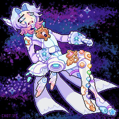 Pixel art of a robot (or cyborg) person, with a purple, white, and rainbow heart-and-star motif, floating through space. They have a displeased and slightly sad expression on their face.