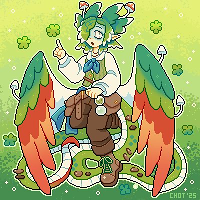 Pixel art of a winged person with a dragon-like tail and mushrooms growing on them. They are dressed in a vest, button-up shirt, cuffed pants, and boots. They have lots of bags and accoutrements. Their expression is curious and they are reaching out with their index finger to touch a green puffball type object.