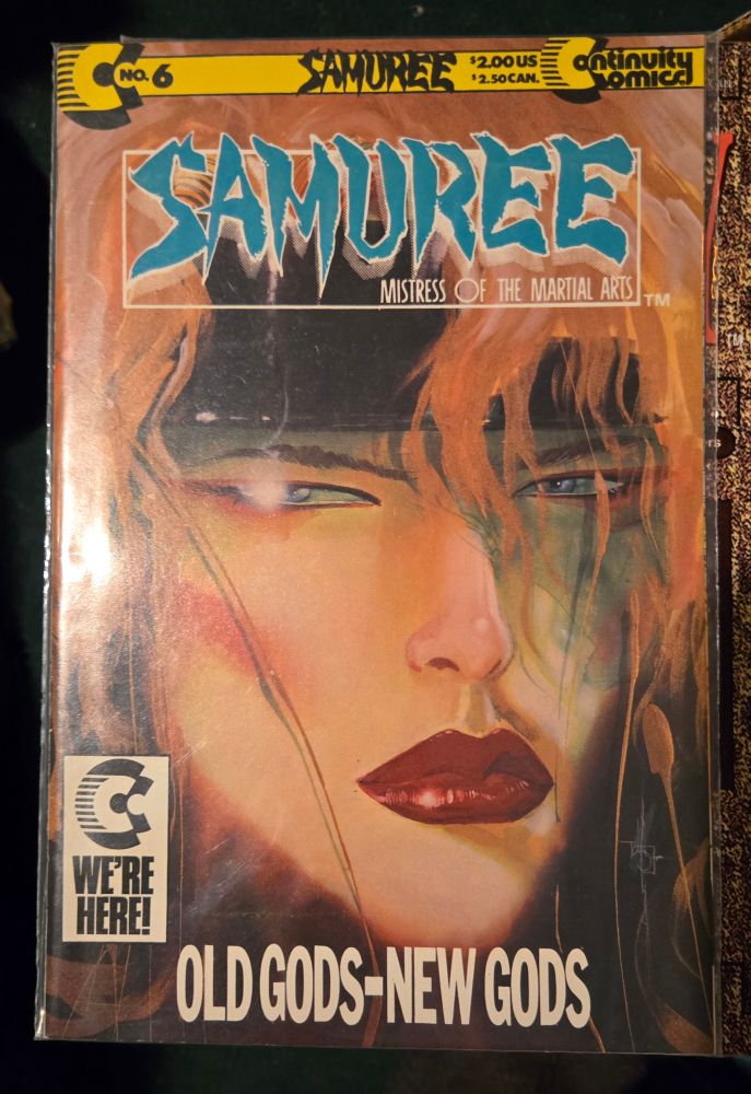 Samuree #6 a blonde woman's face close up blonde hair tumbling over her black headband,  a airbrush glint to her eye