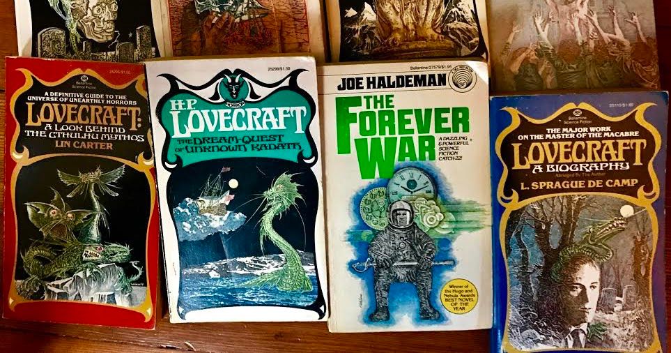 Several HP Lovecraft paperbacks and a Joe Haldeman Forever War paperback with crosshatched cover illustrations byMurray Tinkelman