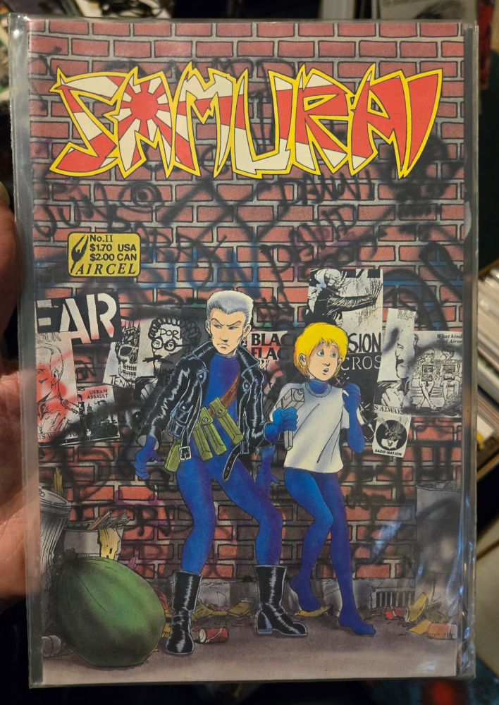 Samurai #11 a brick wall background with posters for FEAR, Black Flag and other bands