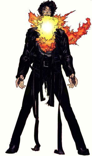 X-Men character Jonathan Starsmore aka Chamber. He is wearing black boots, black jeans, black leather jacket, and black scar that covers the facet that his body from face to chest is a gaping maw of raw energy 
