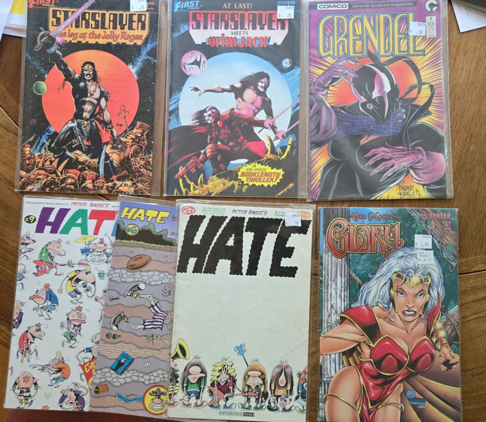 99 and 50 cent comics, including: HATE (6, 8,9) Starslayer featuring GrimmJack Christine Sparr era Grendel Allan Moore's Gloria