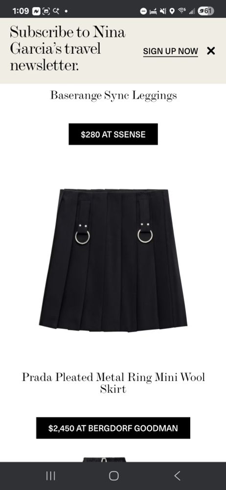 From Elle article: Prada Pleated Metal Ring Mini Wool Skirt $2,450 at Bergdorf-Goodman