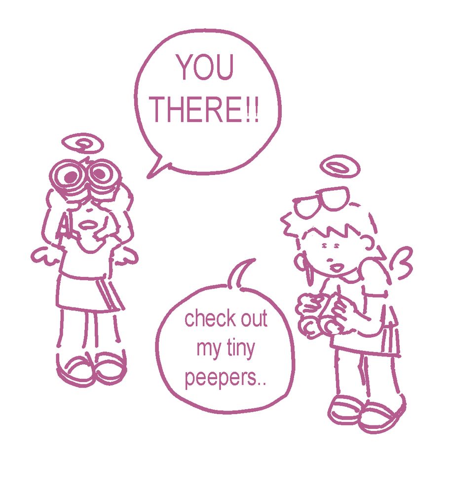 holly heckmaybe peers down some big ol' binoculars and hollers "YOU THERE!!" before casually lowering them to reveal her comically small eyes... "check out my tiny peepers" she says... 