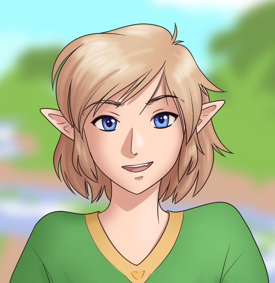 Hand drawn art of Link from the Legend of Zelda series in a green tunic with a gold collar, facing the camera and smiling.