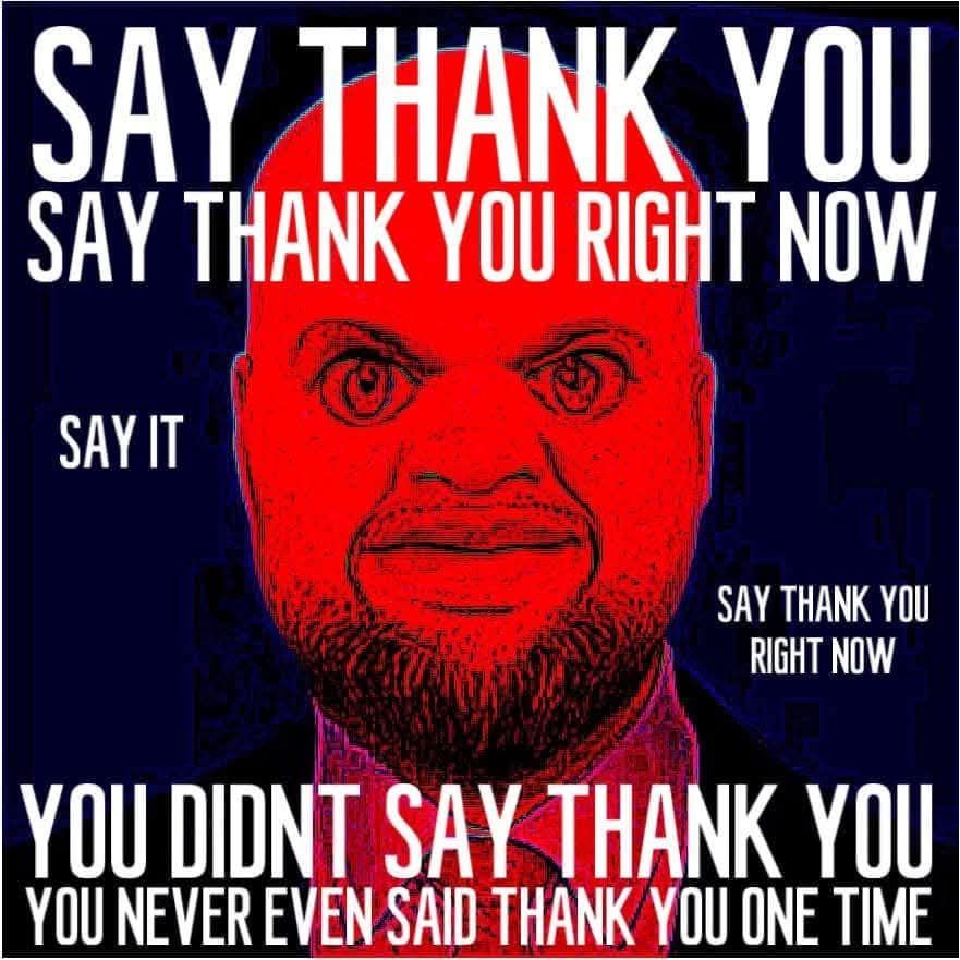 A photoshopped image of Vice President JD Vance looking intensely at the camera, his face tinted red. The text around him says in all caps 