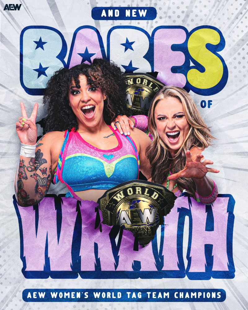 An image of wrestlers Willow Nightingale (left) and Harley Cameron (right), known collectively as the "Babes of Wrath", announcing them as the winners of the Women's World Tag Team Championship Tournament and the first ever AEW Women's World Tag Team Champions