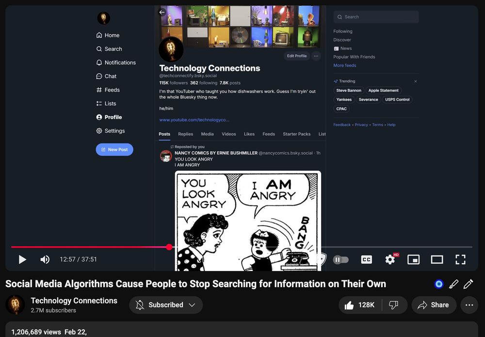 A screenshot from a YouTube video entitled 'Algorithms are breaking how we think' by Technology Connections at the 12m 57s mark.