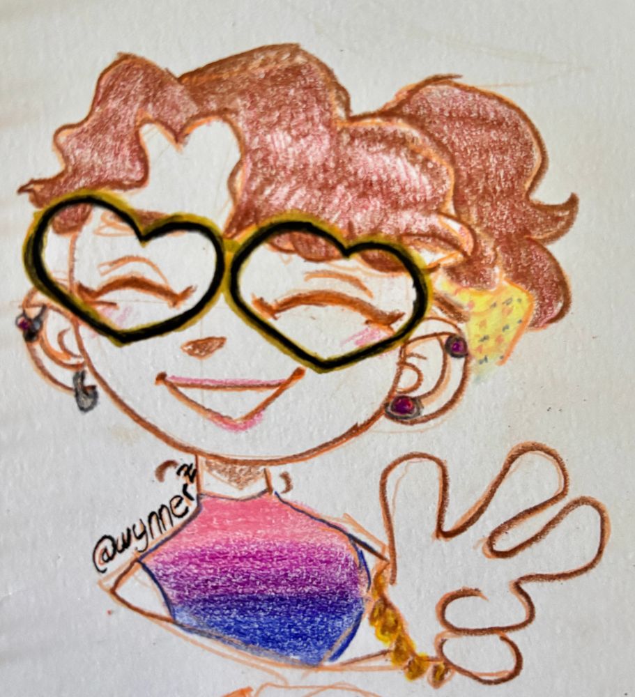 A colored pencil and pen drawing of my human self for pride month. My reddish brown, curly hair is up in a yellow, pink, and blue hair clip and am sporting a bi pride tank top faded purple, pink, and blue.  I think I swapped where my earrings should be but one ear has two hoops, the top has 3 stones in white, purple, and black. The other ear has two purple studs. I’m wearing my favorite heart shaped glasses with black and gold frames. I also drew my wooden bracelet. 