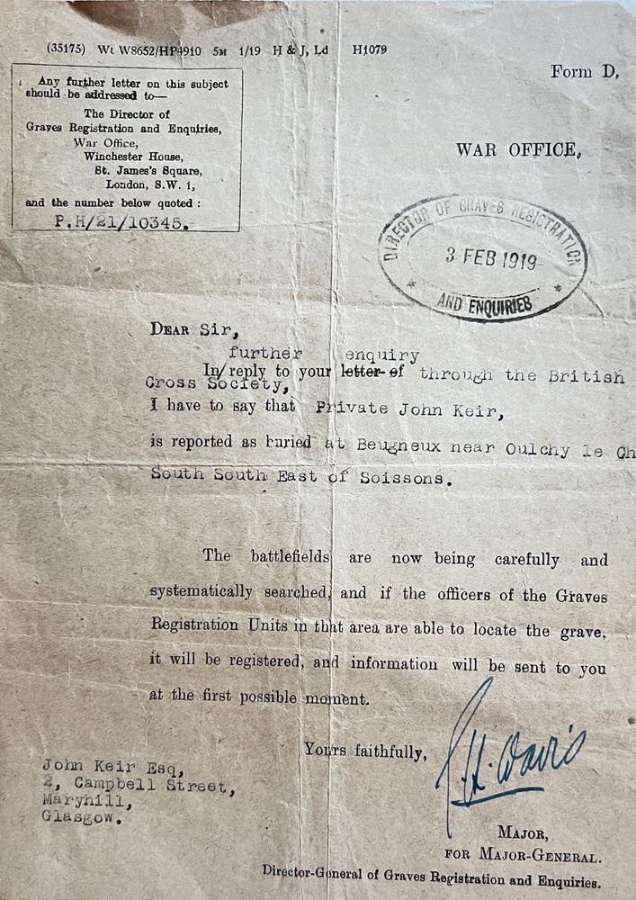 Letter to my Great Grandparents regarding death of John Keir