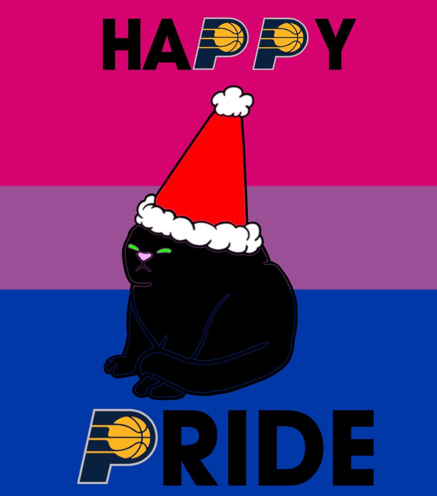 A cat with a Santa hat with "Happy Pride" written beside it, where every letter P in both words is the Indiana Pacers logo. The bisexual pride flag is in the background. 