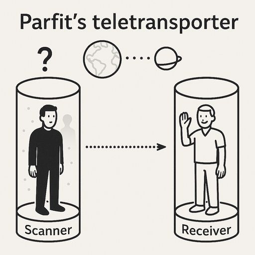 GPT-4o (edited): Illustration of Parfit’s teletransporter thought experiment. On the left, a person stands in a ‘Scanner’ pod with a question mark above them. On the right, a person appears to wave inside a ‘Receiver’ pod on another planet. Dotted arrows connect the two, symbolizing transmission. Between the pods are icons of Earth and another planet, suggesting interplanetary transport. The image raises a philosophical question about identity and continuity.