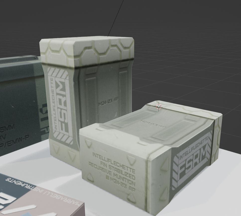 Some protected cases for FSRM "Intelliflechette" projectiles. Gray insulated casing rimmed with a pale synthetic lid that extrudes with a cradle of Xien De Lisle produced sabot-encased recursive munitions. 

A flechette the size of a pencil is propelled using a sabot container and using a matrix of miniature charges and stabilizer fins, can radically recalibrate its own trajectory dynamically in flight. This enables the possibility of repeated precision fire to sub-millimeter tolerances and cover-circumventing parabolas. Each Intelliflechette costs 29,000 odoni to manufacture on Ghen.