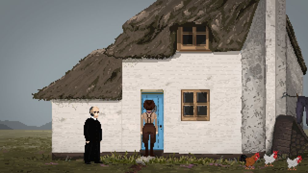 A woman a clergyman before the bleached white facade of a small cottage, almost incandescent by juxtaposition of the gray and sodden land engulfing all to the horizon.