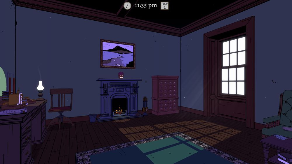 Lightning casts the exterior in an incandescent flash, scoring the window's muntins across the room. The time approaches midnight.