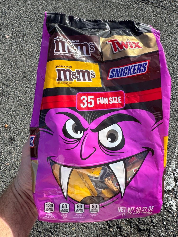 35 fun sized M&M, Twix, and snickers. 