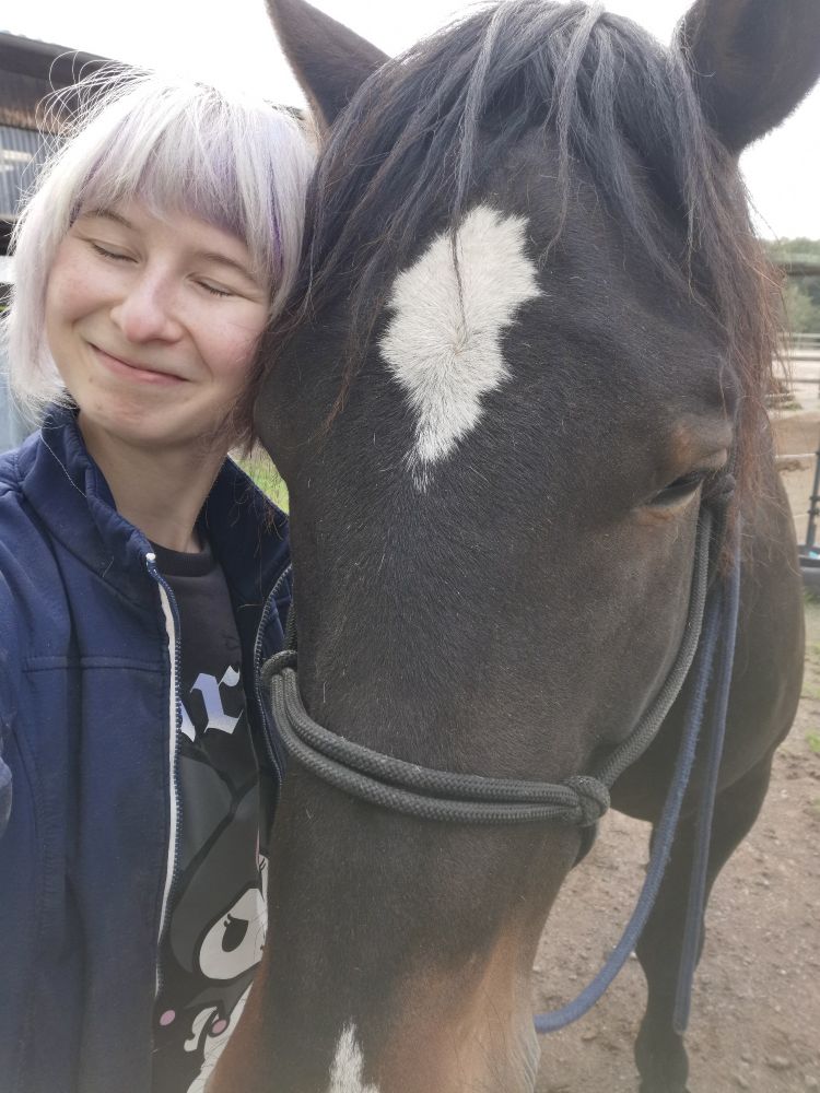 A selfie of a girl and a big noriker horse. The girl has her eyes closed and smiles softly. She has purple-greyish hair, wears a kuromi pullover and a dark blue jacket over it. The horse is dark brown with a white star on his face. His nose is lighter brown with a white marking on it. He wears a black rope halter with a blue leadrope attached to it. 