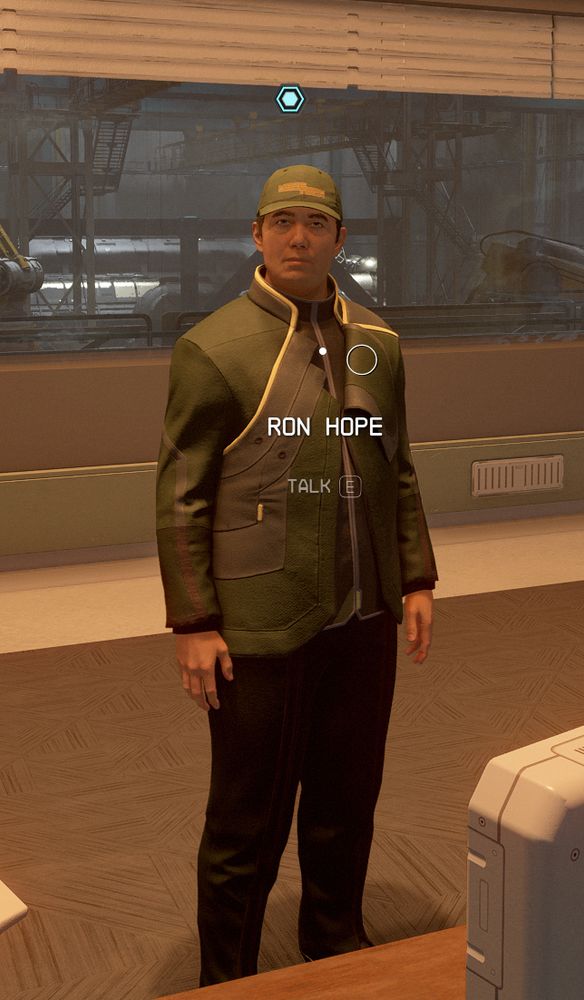 Screenshot of the Non-Playable Character Ron Hope from the videogame Starfield, whose voice actor is Wes Johnson.