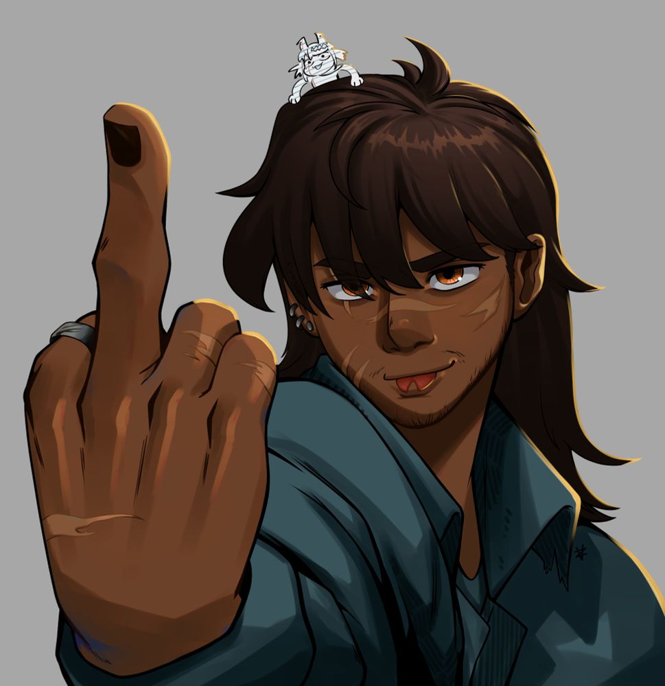 Fanart of Atlasanarchy original character (Avery) giving the middle finger and sticking out his tongue