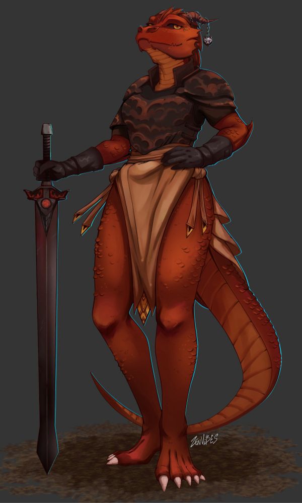 A Red Dragonborn with a black sword