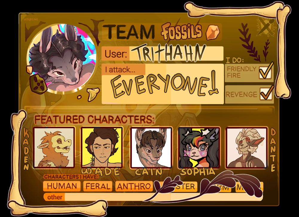 "Team Fossils" card for 2025's Art Fight event. The "Username" field says "Trithahn". The "I attack" field says "everyone!" in bold letters. Five characters are featured at the bottom of the image. 