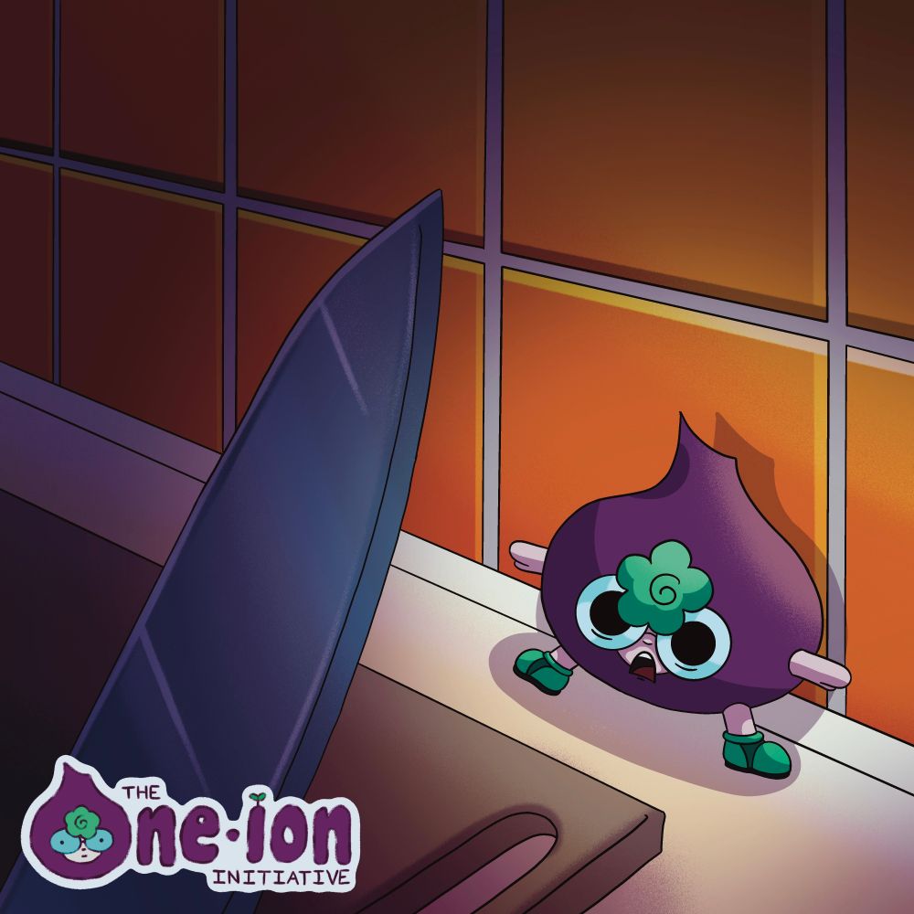 Onion backed up against an orange tile kitchen backsplash, his eyes large with fear. A knife seems to be brandished at him, the only thing in between onion and the knife is a cutting board.