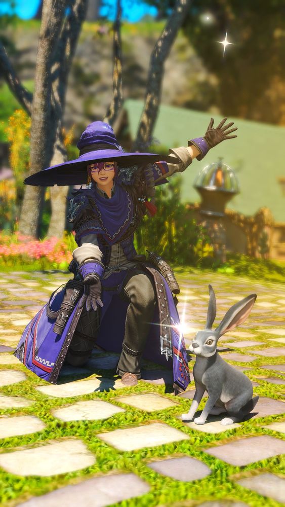 Rafa, FFXIV catgirl, shows off the bunny minion from the bunny boss that took a lot of runs to get. 