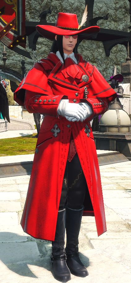 A very well done Alucard Hellsing outfit in FFXIV... but I prefer Alucard Hellsing Abridged. 

They are a human male, with a broad brimmed red hat, red circular sunglasses, a red coat with black trim, black pants, and black leather boots.