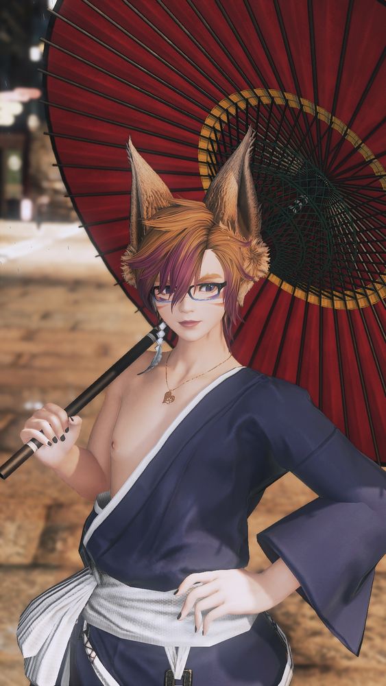 Rafa, a fennec eared catgirl, has her right arm free of her Yakaku dogi and stands with one nipple out while holding a red parasol in the rain. 