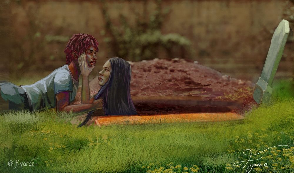 A painting of a woman standing in a freshly dug grave with a casket lid next to her. She is reaching up and caressing the cheek of a man with dark red locs who is laying on his stomach in front of her.