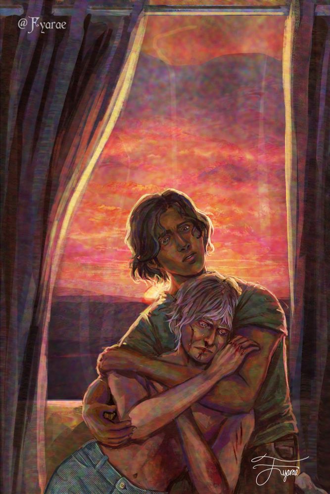 A digital painting. Two men sit in front of a window with a vibrant sunset. One man is gently holding the other, the man being held is bruised and cut and has an expression of sadness. The man holding him has a worried expression