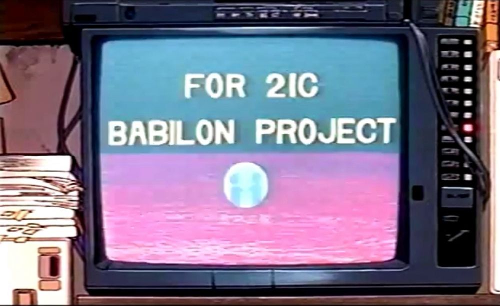 pink and blue informational video about the babilon project on a crt television