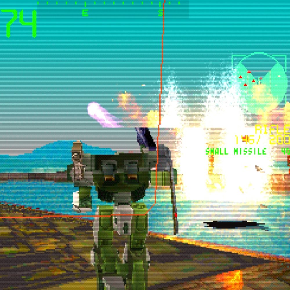 green robot running as an enemy explodes over the water