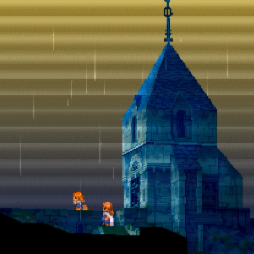 people standing in the rain outside a church. the sky is a peculiar shade of yellow