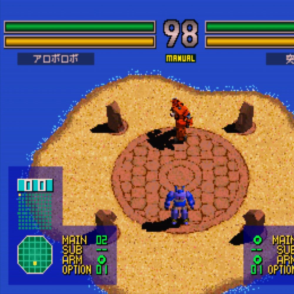 two robots on a small island surrounded by moai heads