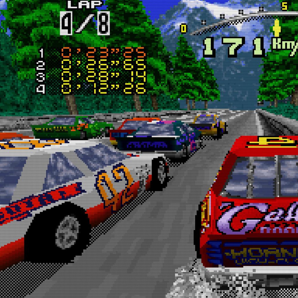 group of colourful stock cars driving down the tree-lined straight of the beginner's course