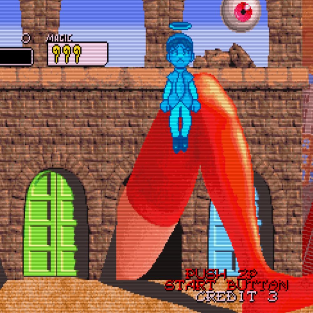 the ghost of a boy floats upwards past a giant stockinged leg towards a floating eyeball