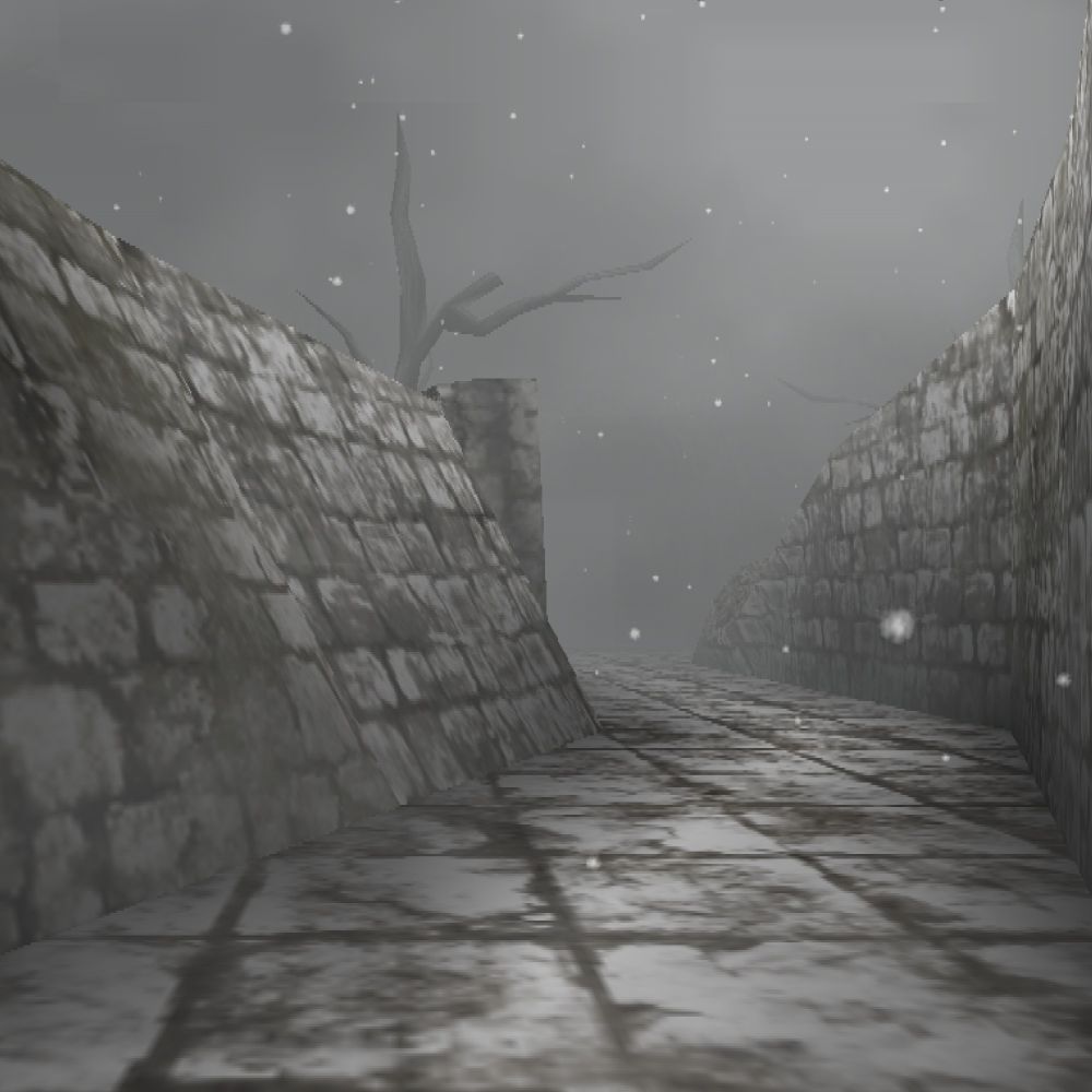 a foreboding tiled path stretches ahead into the fog