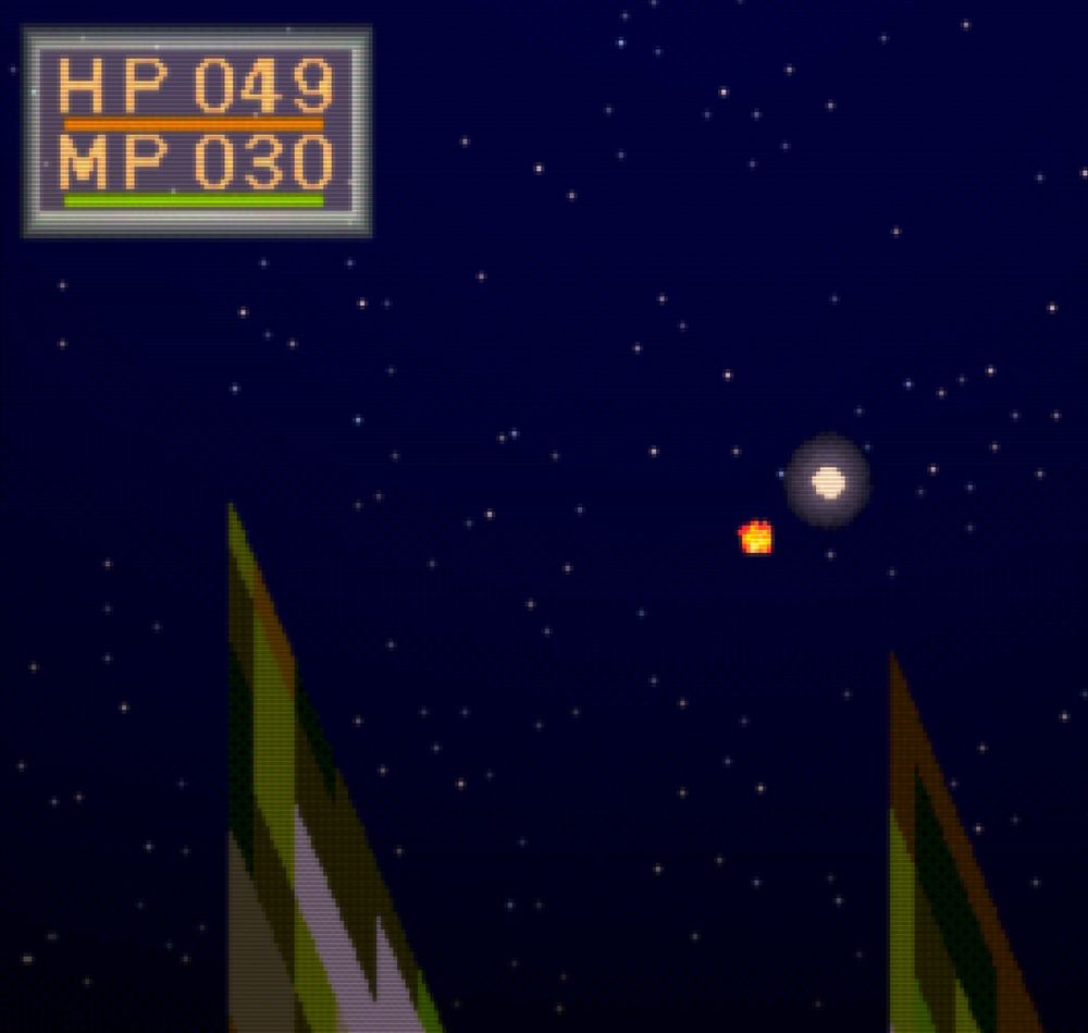 a night sky. stars, the moon, a fireball and green jutting triangles