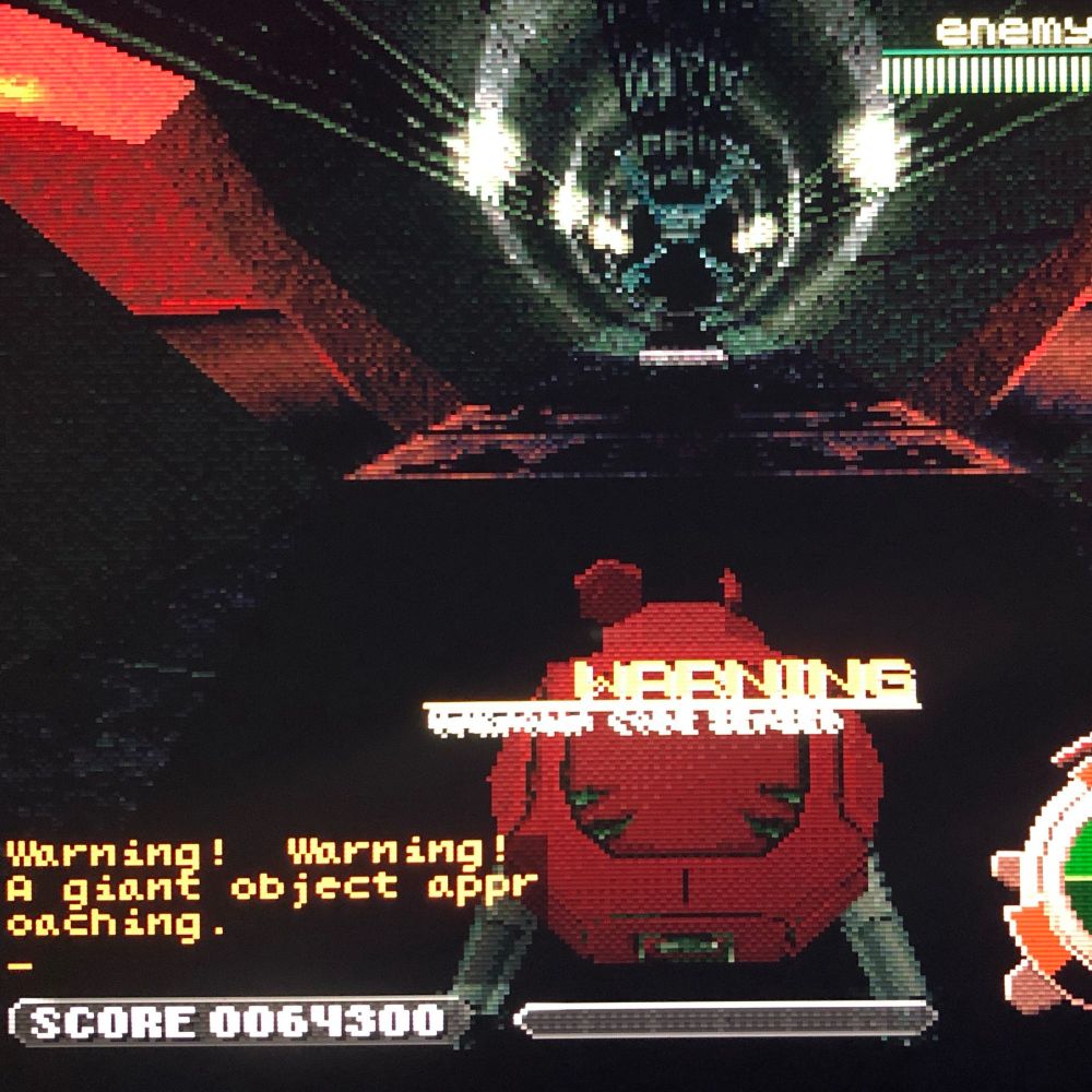 concrete tunnel with glowing red sections and a robot tank