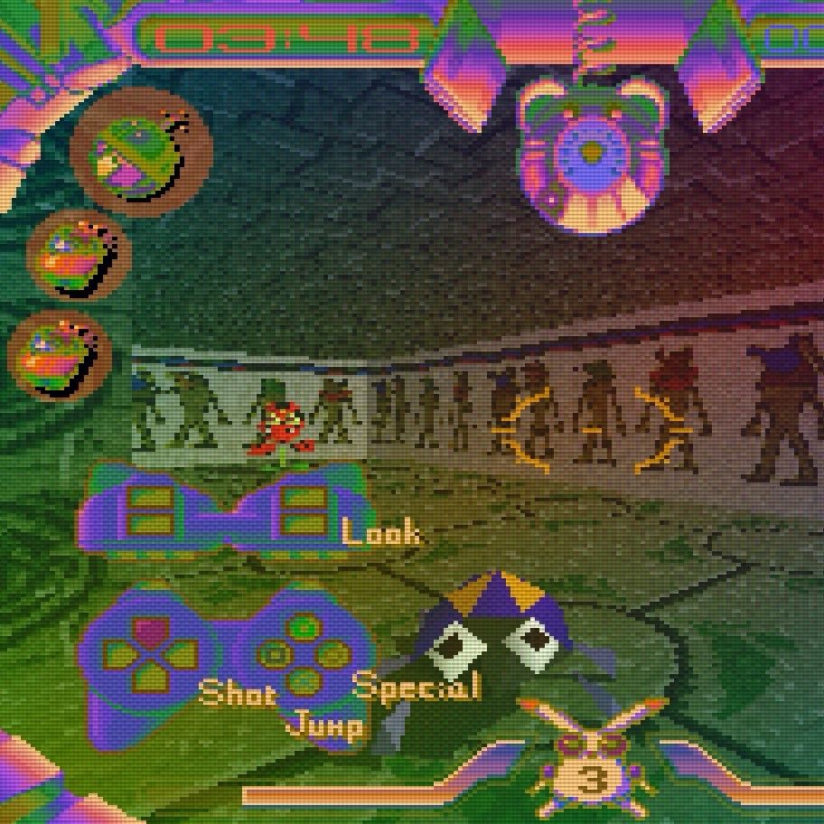 view from the cockpit of jumping flash who appears to be in an Egyptian tomb. there is a frog on the ground and the screen is swirling in psychedelic colour