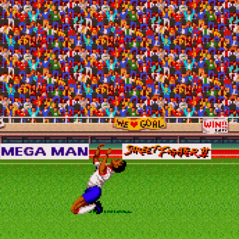 soccer player falls to his knees before a large crowd and capcom themed advertisments (MEGA MAN / STREET FIGHTER II)