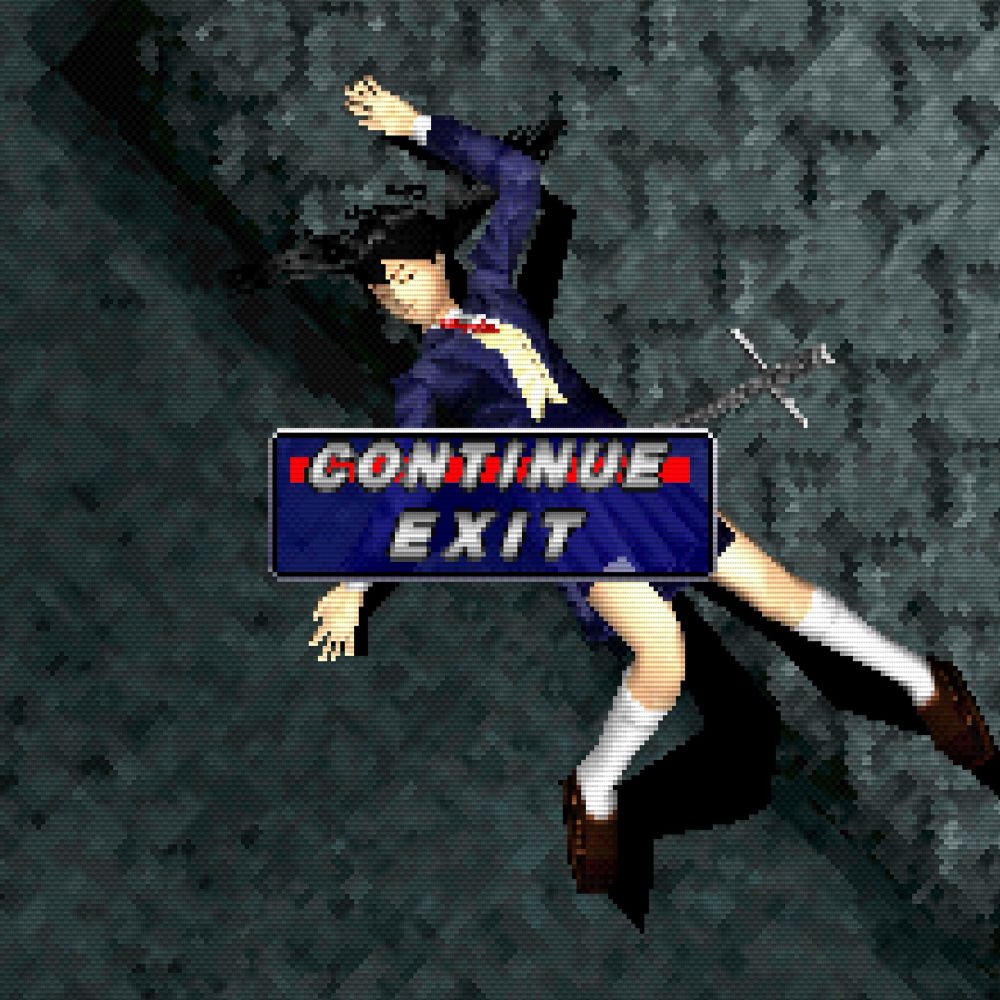girl in uniform on the ground after losing a fight, a box that says “continue / exit”