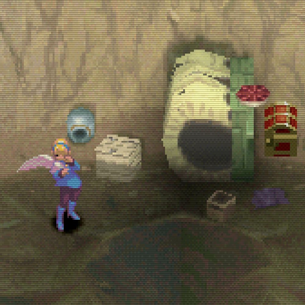 girl with wings standing beside an assortment of junk in the desert