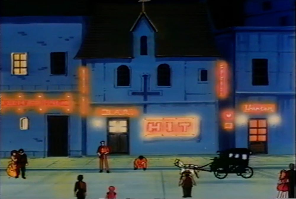 a lively town square at night. a church has a neon sign on the front of it saying "HIT"