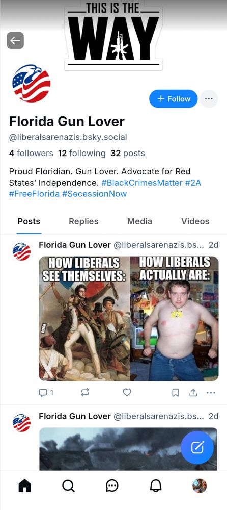 Screen shot of a far right Bluesky profile trolling Democrats and liberals. Profile is in the name of Florida Gun Lover